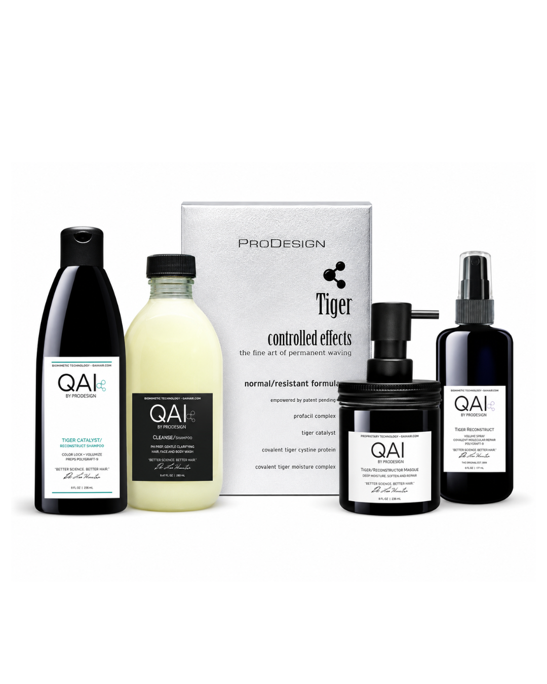 A hair care set from ProDesign Tiger Controlled Effects by QAI, featuring a black bottle, a pale yellow bottle, a black pump bottle, a black spray bottle, and a white product box on a white background.